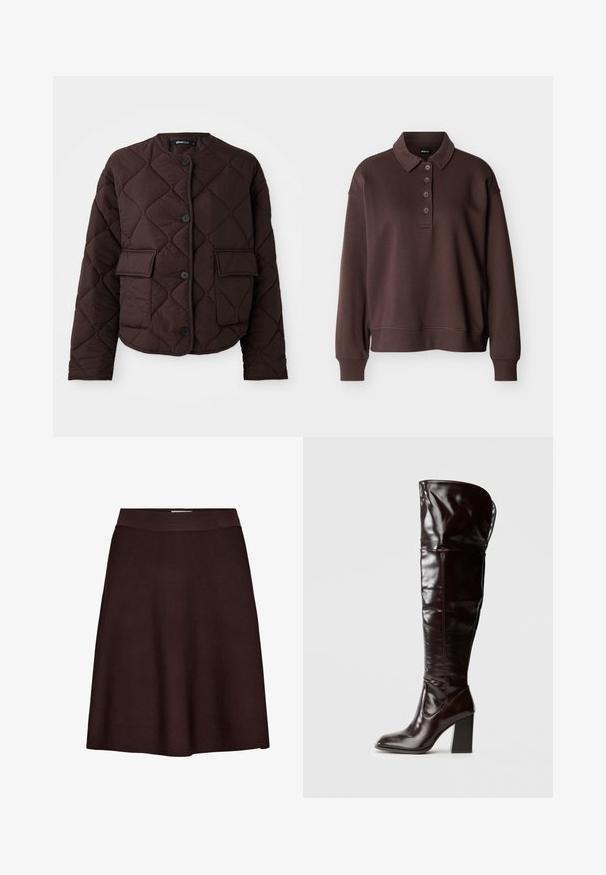 Quilted brun jakke med rund halsudskæring, fire knapper og to frontlomme med glat tekstur og diamantmønster.; Brun langærmet poloshirt med fire knapper, ribstrikkede ærmeender og ribstrikket kant mod en ensfarvet hvid baggrund.; Mørkebrun A-formet nederdel med en tætsiddende linning, lavet af et glat, tekstureret stof, vist på en hvid baggrund.; Knæhøje, blanke bordeauxrøde læderstøvler med firkantet tå og blokhæl, der har et løstsiddende design og minimale syningsdetaljer.