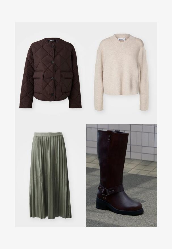 Hnedá prešívaná bunda s okrúhlym výstrihom, štyrmi gombíkmi a dvoma prednými vreckami s hladkou textúrou a diamantovým vzorom.; Weekday REESE V NECK - Svetrík - light mole; Sukňa s plisé v tlmenej zelenej farbe, vyrobená z lesklého materiálu. Má elastický pás a siaha po stred teľ a má rovnomerne rozmiestnené vertikálne plisé.; Tmavohnedá kožená čižma po lýtka s čiernou podrážkou a striebornými nitmi, umiestnená na vonkajšej dlažbe pri obloženej stene.