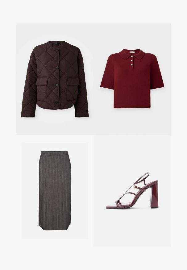 Braune gesteppte Jacke mit Rundhalsausschnitt, vier Knöpfen und zwei aufgesetzten Taschen auf der Vorderseite, mit glatter Textur und Rautenmuster.; Burgunderfarbener Strick-Polo-Shirt mit kurzen Ärmeln, klassischem Kragen und einer Knopfleiste mit vier runden weißen Knöpfen.; Dunkelgrauer Bleistiftrock mit dünnen weißen vertikalen Nadelstreifen und kleinem seitlichem Schlitz auf einfarbigem Hintergrund.; Bordeauxfarbene Sandalette mit hohem Absatz, quadratischer Zehenpartie, schlanken Riemen und glänzendem Finish. Verfügt über einen stabilen Blockabsatz und goldene Hardware-Akzente.