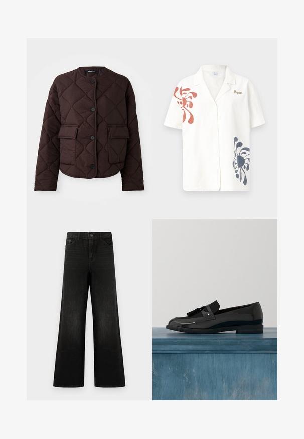 Quilted brun jakke med rund halsudskæring, fire knapper og to frontlomme med glat tekstur og diamantmønster.; Kortærmet skjorte i hør i off-white med abstrakte røde og marineblå mønstre. Har en klassisk krave og knaplukning for. Guld logo detaljer.; Sorte brede jeans lavet af denim, med knaplukning foran, bæltestropper og fire lommer, der har en glat tekstur og let falmning.; Sorte patenterede lædersko med flad hæl, med et frynsedetalje og glat overflade, designet med en rund tå og subtil søm.
