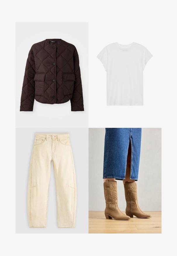 Quilted brun jakke med rund halsudskæring, fire knapper og to frontlomme med glat tekstur og diamantmønster.; Hvid kortærmet t-shirt med rund hals, afslappet pasform, lavet af blødt bomuldsstof. Glat tekstur, ingen mønstre eller logoer.; Beige denim jeans med en afslappet pasform, der har høj talje, fem lommer og diskret fading. Uferdige detaljer ved anklerne.; Tan western-stil støvler med dekorativ syning, spids tå og stakket hæl. Båret med en denimnederdel i knæ længde, der afslører støvlerne.