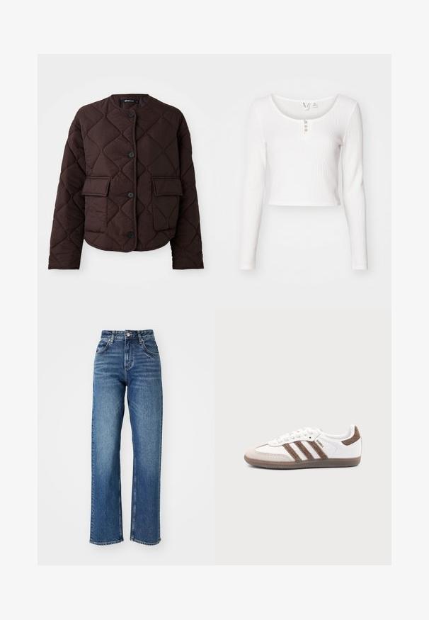 Veste marron matelassée avec un col rond, quatre boutons et deux poches plaquées à l'avant, dotée d'une texture lisse et d'un motif en losange.; Top court à manches longues blanc en tissu texturé, avec un col rond et une fermeture à trois boutons à l'avant.; Jeans taille haute, à jambe large en denim bleu. Comprend cinq poches, une fermeture à bouton et un dégradé subtil sur le tissu.; Baskets Adidas Samba blanches avec des bandes en daim marron, semelle en caoutchouc marron et bout en daim beige, vues du côté extérieur sur un fond uni.