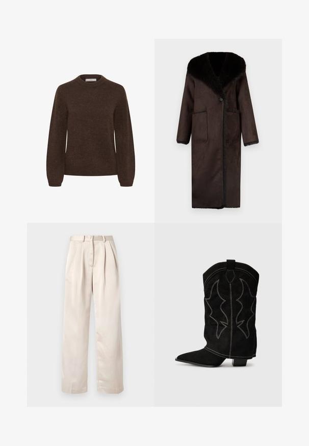 Lang brun frakke lavet af blødt materiale, med en sort kunstpelskrave, to forlommer og en enkelt knaplukning.; Brun strikket sweater med rund halsudskæring, lange ærmer og en blød tekstur, der har et enkelt design uden mønstre eller udsmykninger.; Beige plisserede bukser med et lige bendesign, lavet af et glat, let stof; har en taljebånd med bæltestropper.; Sort ruskind cowboystøvle med spidse tæer, lav hæl og dekorativ hvid syning, der har et flammeagtigt mønster på skaftet.