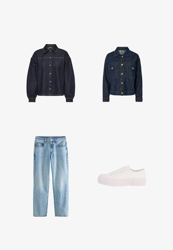 Donkerblauwe denim jas met een gekraagde kraag, een sluiting met knopen aan de voorkant, twee borstzakken en lange mouwen met button-up manchetten.; Donkerblauwe denim shirt met poffende lange mouwen, knopen aan de voorkant, en contrasterende gele stiksels op de borst en de mouwnaden.; Lichtblauwe denim jeans met een relaxte pasvorm. Beschikt over vier zakken, een klassieke knoopsluiting en minimale vervaging voor een uniforme textuur.; Witte lage sneaker met veters aan de voorkant en dikke rubberen zool, zijaanzicht op een witte achtergrond.