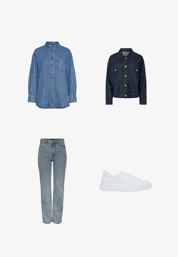 Dunkelblaues Denim-Jackett mit Kragen, vorderer Knopfverschluss, zwei Brusttaschen und langen Ärmeln mit geknöpften Manschetten.; Jeanshemd in Hellblau mit durchgehender Knopfleiste, klassischem Kragen, einer Brusttasche und langen Ärmeln mit Manschetten.; Helle blaue High-Waist-Jeans mit geradem Bein, mit vorderem Knopf- und Reißverschluss, fünf Taschen und Gürtelschlaufen.; Weiße Leder-Sneaker mit runder Zehenpartie, flachen Schnürsenkeln und einer dicken Gummisohle. Glatte Oberfläche mit minimalen Nähdetails.