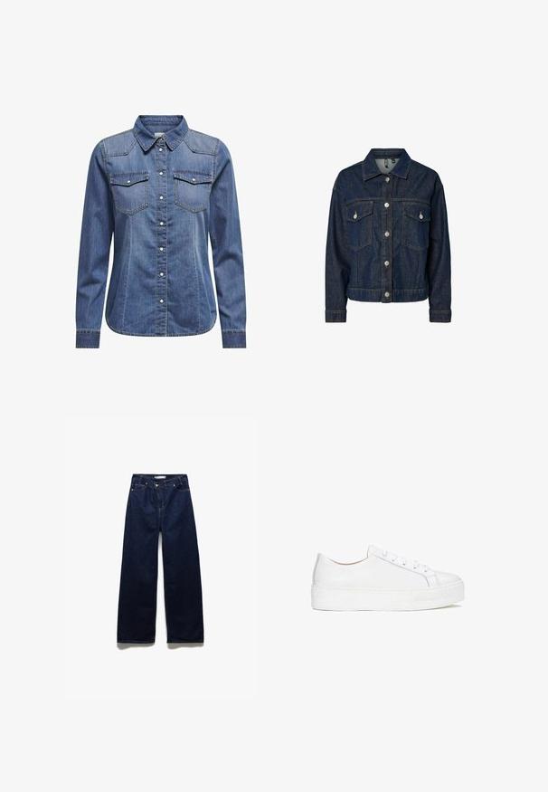 Donkerblauwe denim jas met een gekraagde kraag, een sluiting met knopen aan de voorkant, twee borstzakken en lange mouwen met button-up manchetten.; Donkerblauw denim shirt met een kraag, lange mouwen, dubbele borstzakken en contrasterende stiksels.; Wijde donkerblauwe denim jeans met een hoge taille, klassiek vijf-pocket ontwerp en koperen klinknagels voor duurzaamheid.; Witte leren sneaker met een glad oppervlak, ronde neus en platte zool. Voorzien van vetersluiting en subtiele stiksels.