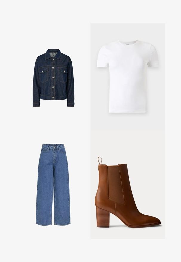 Chaqueta de denim azul oscuro con cuello tipo solapa, cierre frontal con botones, dos bolsillos en el pecho y mangas largas con puños abotonados.; Camiseta blanca lisa de manga corta con cuello redondo mostrada sobre un fondo gris claro.; Pantalones vaqueros de pernera ancha y cintura alta, fabricados en tejido de mezclilla. Incluye bolsillos frontales y un cierre de botón. Diseño clásico y casual.; Botín marrón de cuero con tacón bloque, paneles laterales elásticos y lengüeta de tirador en la parte trasera, mostrado de perfil sobre un fondo liso.