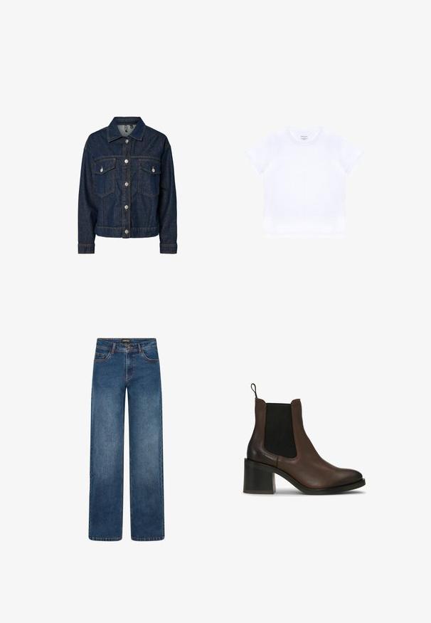 Veste en denim bleu foncé avec un col, fermeture à boutons sur le devant, deux poches poitrine et manches longues avec poignets à boutons.; T-shirt blanc uni à manches courtes et col rond, avec une petite étiquette à l'intérieur du col, posé à plat sur un fond blanc.; Jean en denim à jambes larges, de couleur bleu moyen. Comprend cinq poches, fermeture par bouton et fermeture éclair, et coutures doubles. Tissu durable.; Bottes cheville en cuir marron avec panneaux latéraux élastiques, talon bloc, texture lisse et languette à l'arrière pour un enfilage facile.