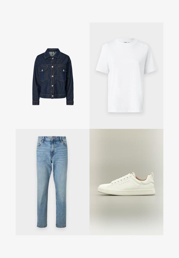 Veste en denim bleu foncé avec un col, fermeture à boutons sur le devant, deux poches poitrine et manches longues avec poignets à boutons.; T-shirt en coton blanc à col rond, avec des manches courtes et une texture lisse. Conçu avec une coupe décontractée pour plus de confort et de polyvalence.; Jean bleu clair taille haute, coupe droite, avec fermeture par bouton et zip à l'avant, poches avant et détails subtilement délavés.; Baskets blanches basses avec lacets, détails perforés sur les côtés et languette au talon, sur fond neutre.