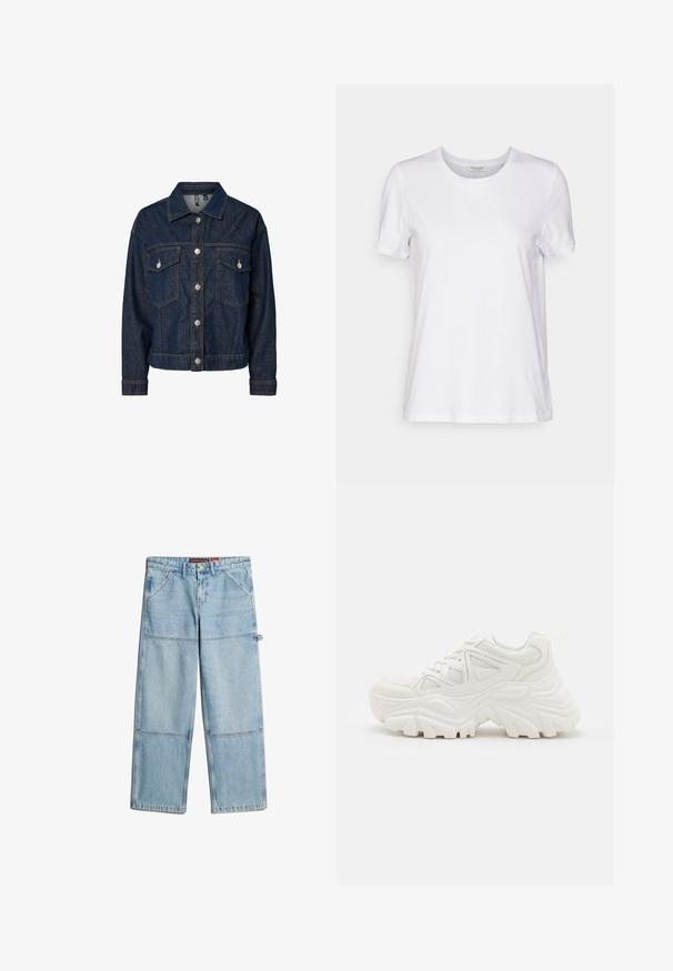 Donkerblauwe denim jas met een gekraagde kraag, een sluiting met knopen aan de voorkant, twee borstzakken en lange mouwen met button-up manchetten.; Witte korte mouwen t-shirt gemaakt van zachte stof met een ronde hals en een relaxte pasvorm. De zoom is recht en bevat geen patronen of accenten.; Lichtblauwe denim wijde broek met een recht gesneden ontwerp, twee voorzakken, contrasterende stiksels en een zichtbaar taillebandlabel.; Witte chunky sneakers met een textuur bovenwerk, meshpanelen en dikke rubberen zolen met een uitgesproken profiel. Inclusief veters en een aantreklip.