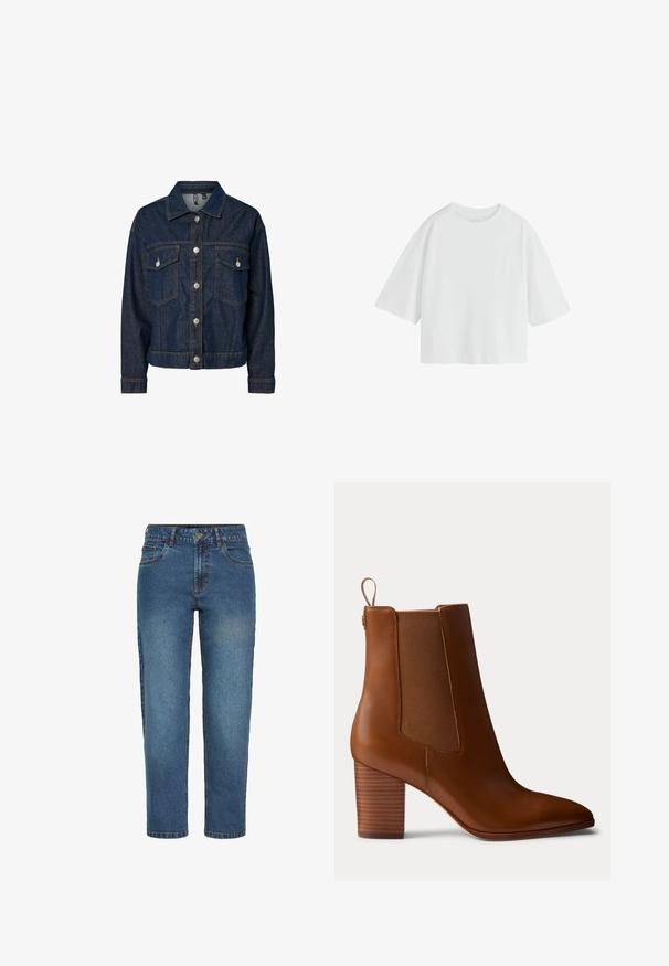 Donkerblauwe denim jas met een gekraagde kraag, een sluiting met knopen aan de voorkant, twee borstzakken en lange mouwen met button-up manchetten.; Effen witte oversized T-shirt met korte mouwen, een ronde hals en een losse pasvorm.; Blauwe high-waist straight-leg spijkerbroek met voorste knoop en ritssluiting, twee voorzakken en riemlussen.; Bruine leren enkellaars met blokhak, elastische zijpanelen en treklus aan de achterkant, getoond in profiel op een effen achtergrond.