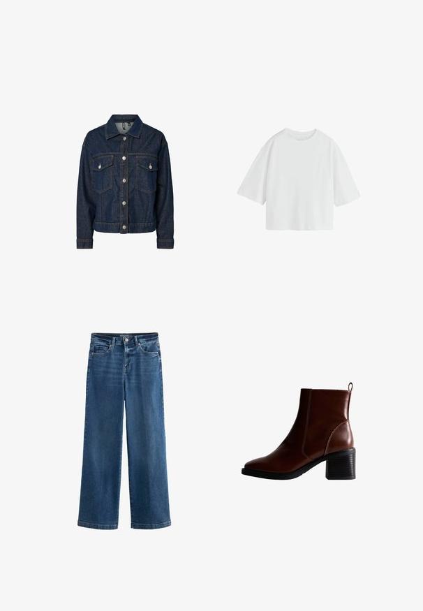 Chaqueta de denim azul oscuro con cuello tipo solapa, cierre frontal con botones, dos bolsillos en el pecho y mangas largas con puños abotonados.; Camiseta blanca lisa de manga corta oversize con cuello redondo y ajuste holgado.; Jeans anchos de mezclilla azul, con cintura alta, cinco bolsillos, sutil desgastado, cierre de botón y costuras contrastadas.; Botín de cuero marrón hasta el tobillo con punta cuadrada y costura lateral, un tacón apilado de 3 pulgadas y una lengüeta en la parte posterior para facilitar su colocación.