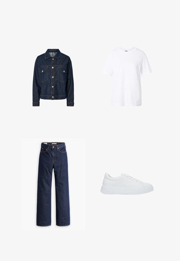 Veste en denim bleu foncé avec un col, fermeture à boutons sur le devant, deux poches poitrine et manches longues avec poignets à boutons.; T-shirt blanc uni à manches courtes avec col rond, coupe décontractée et petite étiquette à l'intérieur du col.; Jeans en denim droit bleu foncé avec cinq poches, surpiqûres orange et fermeture à boutons.; Baskets blanches en cuir avec un bout rond, des lacets plats et une semelle en caoutchouc épaisse. Texture lisse avec des détails de couture minimes.