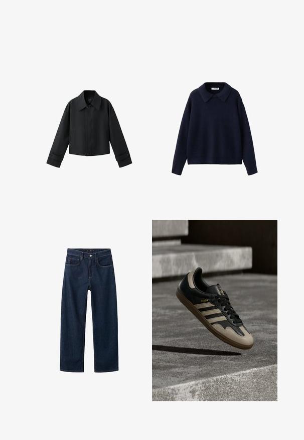 Schwarze gekürzte Jacke mit weitem Kragen, langen Ärmeln, geknöpften Bündchen und vorderer Knopfleiste.; Marineblauer, gestrickter Pullover mit langen Ärmeln, weitem, spitz zulaufendem Kragen und lockerem Schnitt vor weißem Hintergrund.; Dunkelblaue Jeans mit geradem Bein, im klassischen Fünf-Taschen-Stil, sichtbaren Nähten und einem Knopfverschluss an der Taille.; Schwarzer und beiger Ledersneaker mit drei weißen Streifen, tannengrüner Gummisohle und goldener "Samba"-Detailierung an der Seite.