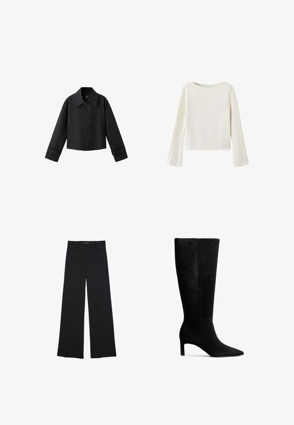 Sort kort jakke med bred krave, lange ærmer, knappede manchetter og knaplukning foran.; Off-white langærmet sweater med bred rund halsudskæring og let udvidede ærmer, lavet af blødt strikket stof.; Sorte bukser med vide ben med knap- og lynlåslukning, bæltestropper og en glat, skræddersyet finish.; Sorte suede knæhøj støvle med spids tå og en slank stiletto-hæl. Glat tekstur med et rent design uden synlige hardware eller accenter.