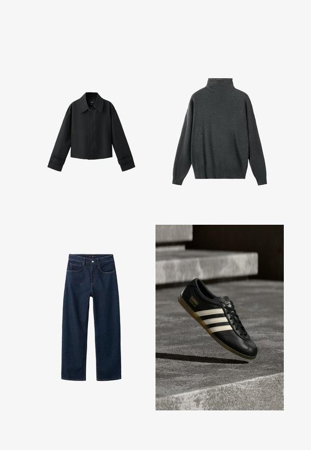 Schwarze gekürzte Jacke mit weitem Kragen, langen Ärmeln, geknöpften Bündchen und vorderer Knopfleiste.; Dunkelgrauer Rollkragenpullover aus weichem Stoff, mit lockerem Schnitt, langen Ärmeln sowie gerippten Bündchen und Saum. Glatte Textur.; Dunkelblaue Jeans mit geradem Bein, im klassischen Fünf-Taschen-Stil, sichtbaren Nähten und einem Knopfverschluss an der Taille.; Schwarzer Leder-Sneaker mit weißem Drei-Streifen-Design, strukturierten Akzenten, schwarzen Schnürsenkeln und einer Gummisohle. Markenlogo auf der Zunge sichtbar.