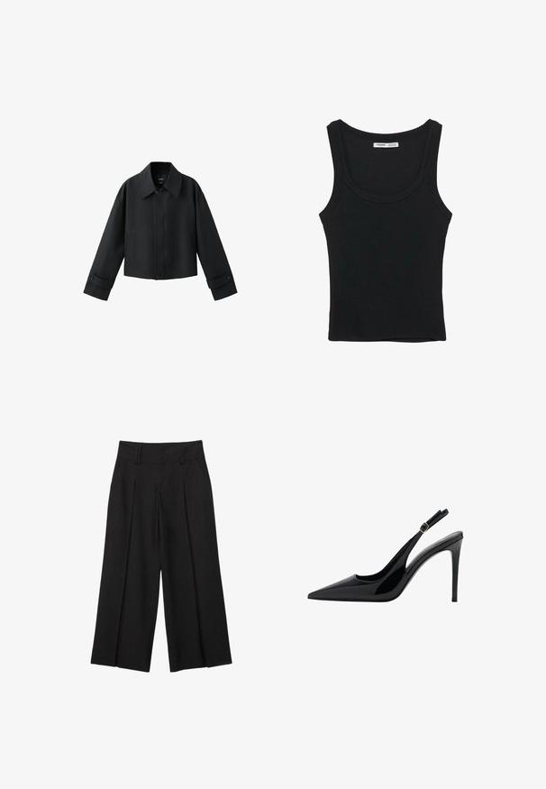 Veste courte noire avec col large, manches longues, poignets boutonnés et fermeture à boutons sur le devant.; Débardeur noir côtelé sans manches avec un col rond et un ourlet droit, étiquette à l'intérieur du dos du cou.; Pantalon noir large et raccourci avec passants de ceinture et plis à l'avant, confectionné dans un tissu lisse pour un look élégant et ajusté.; Escarpin slingback en cuir verni noir avec un bout pointu, un haut talon aiguille, une sangle ajustable à la cheville et une texture lisse et brillante.