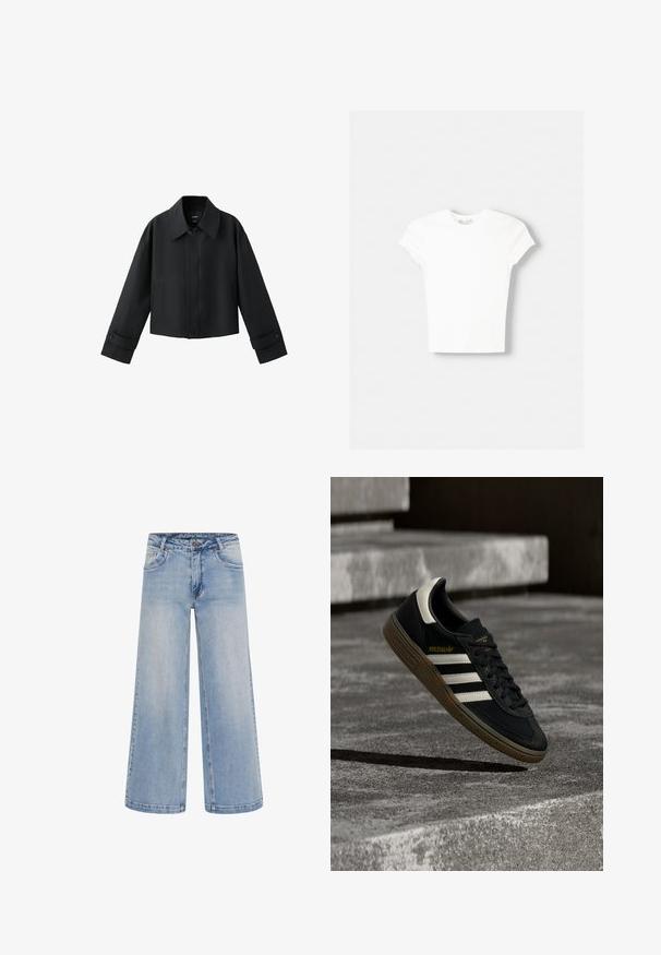 Sort kort jakke med bred krave, lange ærmer, knappede manchetter og knaplukning foran.; Hvid kortærmet t-shirt lavet af blød bomuld, med rund halsudskæring og en tætsiddende form. Ingen synlige mønstre eller udsmykninger.; Lyseblå brede jeans med høj talje, fem lommer og kontrastsyninger. Fremstillet af denim med en glat tekstur.; Sort Adidas-sneaker med hvide striber og gummisåler, svævende over grå betontrapper i naturligt lys.