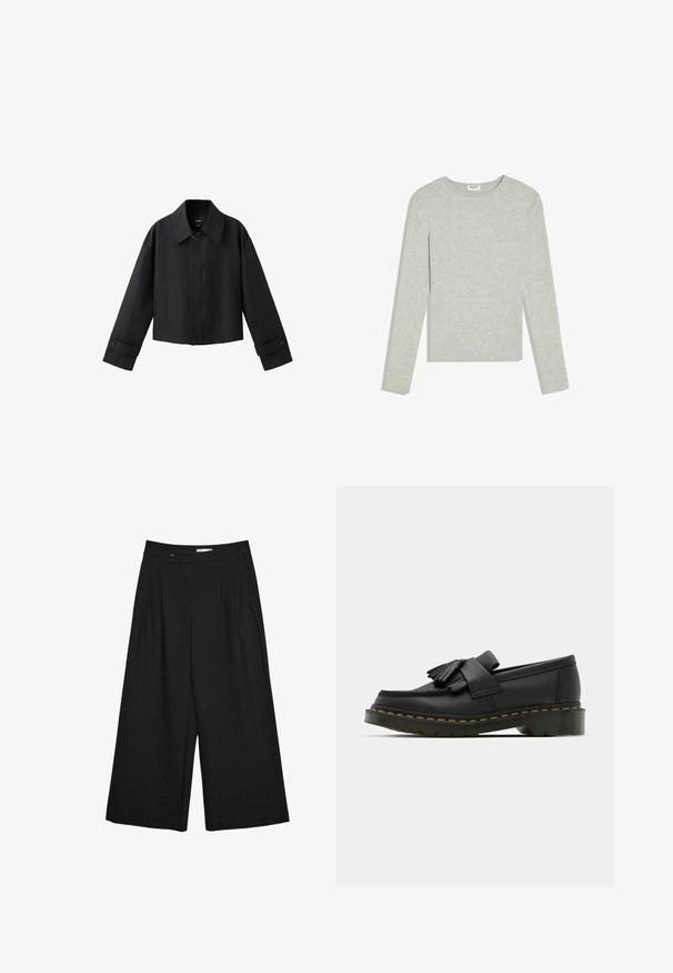 Sort kort jakke med bred krave, lange ærmer, knappede manchetter og knaplukning foran.; Lysegrå langærmet crewneck-trøje med slim fit og uden synlige mønstre eller logoer, lagt fladt på en hvid baggrund.; Sorte, vidde-benet, korte bukser med frontplisseringer, bæltestropper og knaplukning i taljen.; Sorte læder loafers med rund tå, der har frynse detaljer og et dekorativt bånd på tværs af fronten, sat på en kraftig hæl.