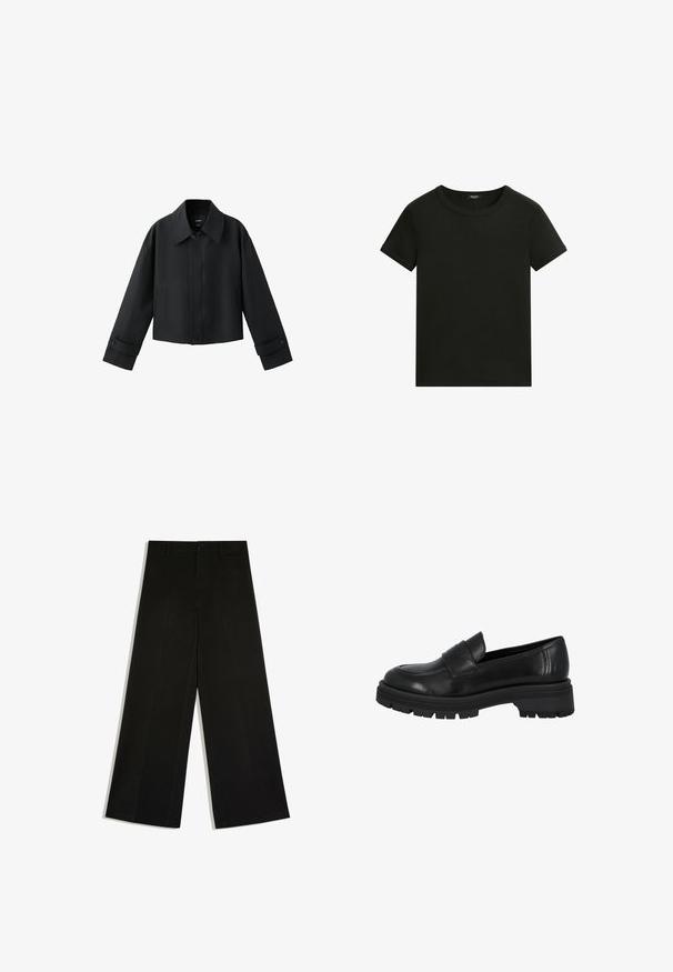 Zwarte korte jas met brede kraag, lange mouwen, met knopen gemaakte manchetten en knoopsluiting aan de voorkant.; Effen zwart T-shirt met korte mouwen en een ronde hals, eenvoudig en aansluitend ontwerp tegen een witte achtergrond.; Zwarte wijde broek met riemlussen, knoop aan de voorkant en rits, plat neergelegd op een witte achtergrond.; Zwarte leren instappers met een afgeronde neus, accentuerende voorkantstrap en een dikke, robuuste rubberen zool. Gladde textuur en minimalistisch ontwerp.