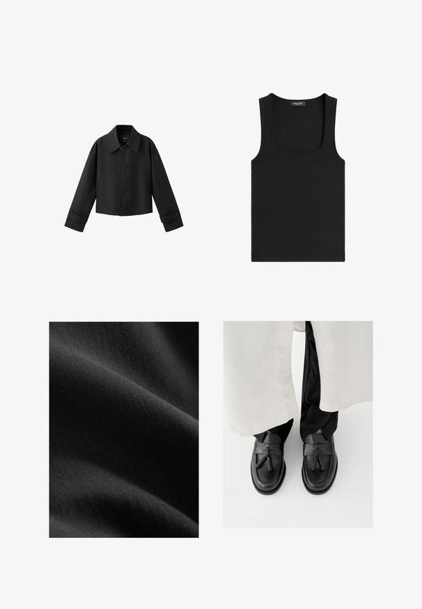 Veste courte noire avec col large, manches longues, poignets boutonnés et fermeture à boutons sur le devant.; Débardeur noir sans manches avec un large col rond et une petite étiquette de marque à l'arrière du col intérieur.; Tissu noir avec une texture lisse et mate, montrant des variations subtiles d'ombre et de fibres, drapé pour révéler des courbes douces et de la profondeur.; Mocassins en cuir noir avec des accents à pampilles, présentant un bout arrondi, des coutures décoratives et une finition lisse, portés avec un pantalon noir.