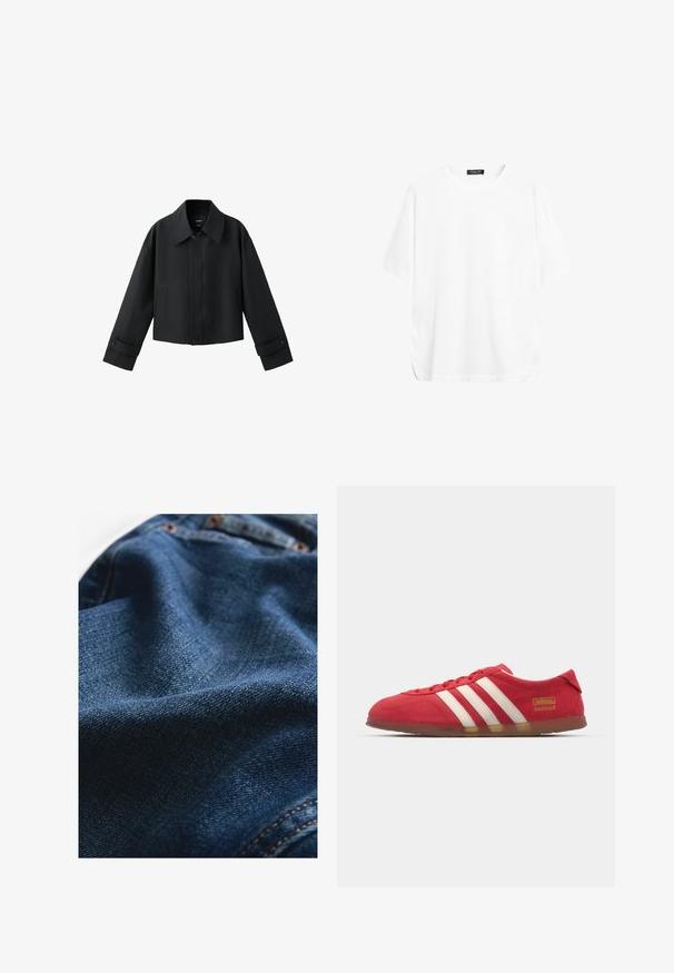 Sort kort jakke med bred krave, lange ærmer, knappede manchetter og knaplukning foran.; Ensfarvet hvid kortærmet t-shirt med rund hals og et sort mærke ved kraven, vist på en hvid baggrund.; Denimstof i mørkeblå, med en glat tekstur og subtile vævningsvariationer samt kontrasterende syningsdetaljer.; Røde ruskinds sneakers med hvidt tre-stripes design, flad ydersål og guld logo detalje. Lavskåren design med afrundet tå og snørebåndslukning.
