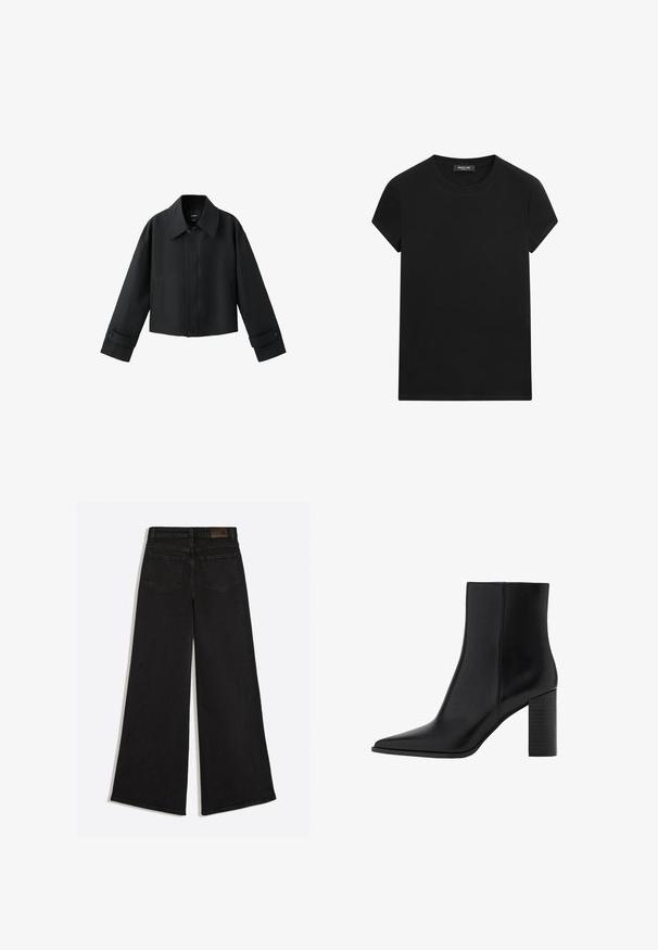 Sort kort jakke med bred krave, lange ærmer, knappede manchetter og knaplukning foran.; Sort T-shirt med korte ærmer og rund hals med synligt mærke i halsudskæringen, centralt placeret på en hvid baggrund.; Sort vidde jeans med baglommer og bæltestropper på linningen, set bagfra.; Sorte læder ankelstøvler med spidse tæer, firkantet hæl, glat tekstur og syningsdetaljer langs sømmene. Hælene måler cirka 9 cm.