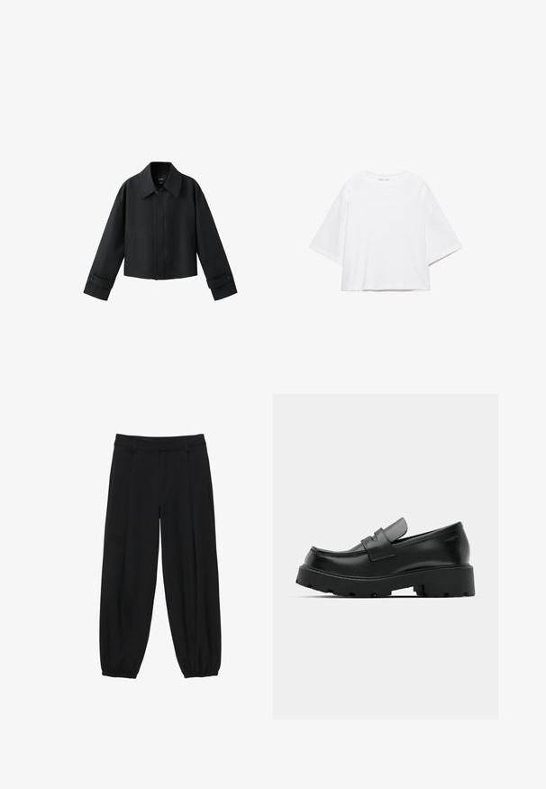Veste courte noire avec col large, manches longues, poignets boutonnés et fermeture à boutons sur le devant.; T-shirt blanc à manches courtes, coupe carrée, en coton doux. Présente un col rond et des manches larges, avec un design épuré et simple.; Pantalon noir à coupe décontractée, avec un devant plat, des bordures de cheville élastiquées et une texture de tissu douce et lisse.; Mocassins en cuir noir avec une semelle épaisse et texturée, dotés d'une sangle sur le vamp et d'une finition lisse et polie.