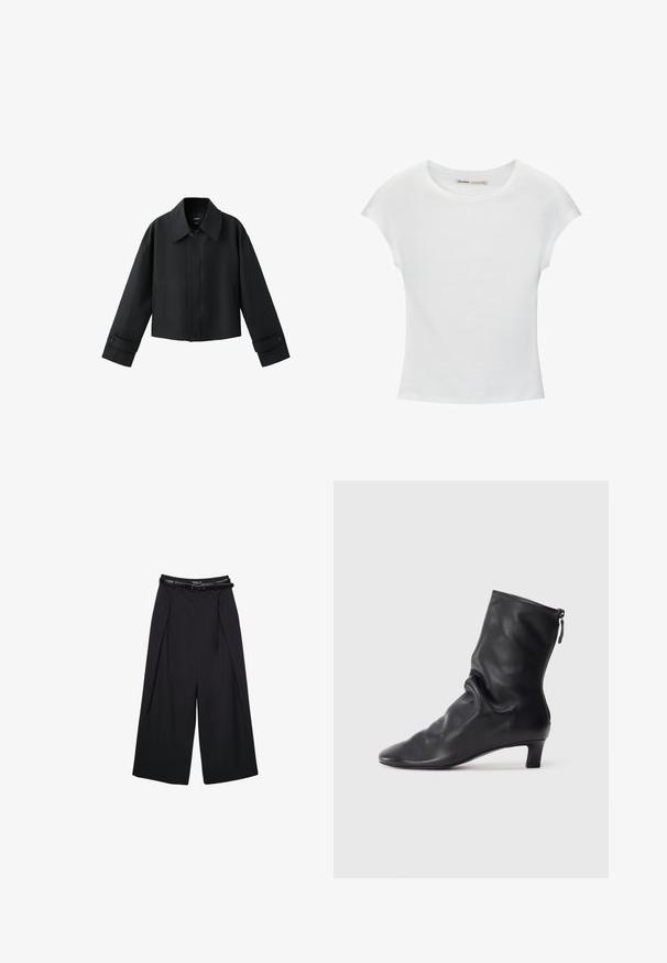 Sort kort jakke med bred krave, lange ærmer, knappede manchetter og knaplukning foran.; Hvid bomuld t-shirt med korte, opsmøgede ærmer, rund halsudskæring og lige kant. Glat tekstur uden synlige mønstre eller detaljer.; Sorte vidde bukser lavet af glat stof, med høj talje og bæltesløjfer, med plisserede detaljer foran og uden synlige mønstre.; Sorte læderstøvler, der går til midt på læggen, med et slouchy design, spidse tæer og lav firkantet hæl. Har en lynlåslukning bagpå.