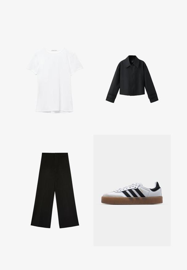 Veste courte noire avec col large, manches longues, poignets boutonnés et fermeture à boutons sur le devant.; T-shirt blanc à manches courtes en tissu lisse, avec un col rond et de subtils détails de couture à l'ourlet.; Pantalon noir à jambes larges avec fermeture par bouton et zip, passants de ceinture et plis d’avant, posé à plat sur fond blanc.; Baskets en cuir blanc avec des rayures noires, semelle extérieure en caoutchouc beige, bout rond, fermeture lacée et embout en suède gris doux.