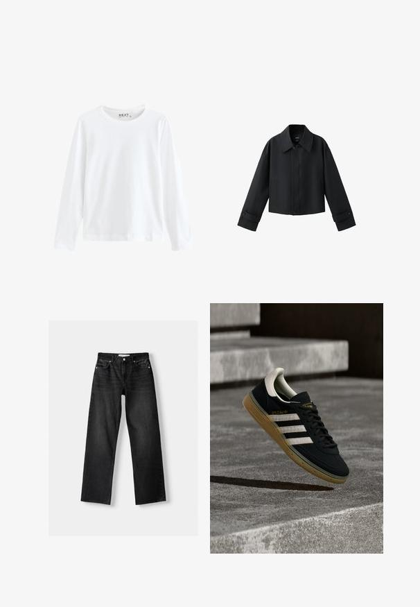 Schwarze gekürzte Jacke mit weitem Kragen, langen Ärmeln, geknöpften Bündchen und vorderer Knopfleiste.; Langärmliges weißes T-Shirt aus Baumwolle, mit Rundhalsausschnitt und schlichtem Design, gleichmäßiger Textur und ohne sichtbare Muster oder Akzente.; Bershka Jeans Straight Leg - mottled dark grey; Schwarzer Sneaker aus Wildleder mit weißen Streifen und goldenem Logo, ausgestattet mit einer strukturierten Gummisohle in Kaugummifarben und einer kontrastierenden cremefarbenen Fersenschlaufe.