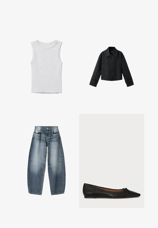 Veste courte noire avec col large, manches longues, poignets boutonnés et fermeture à boutons sur le devant.; Débardeur court gris clair sans manches avec encolure ronde, en tissu tricoté doux.; Jean large en denim bleu clair avec décoloration, présentant un design à cinq poches, un bouton de fermeture et des détails de couture minimaux.; Ballet flat en cuir noir avec un bout pointu, une silhouette élancée et un petit nœud à l'avant. Texture lisse et design minimal.