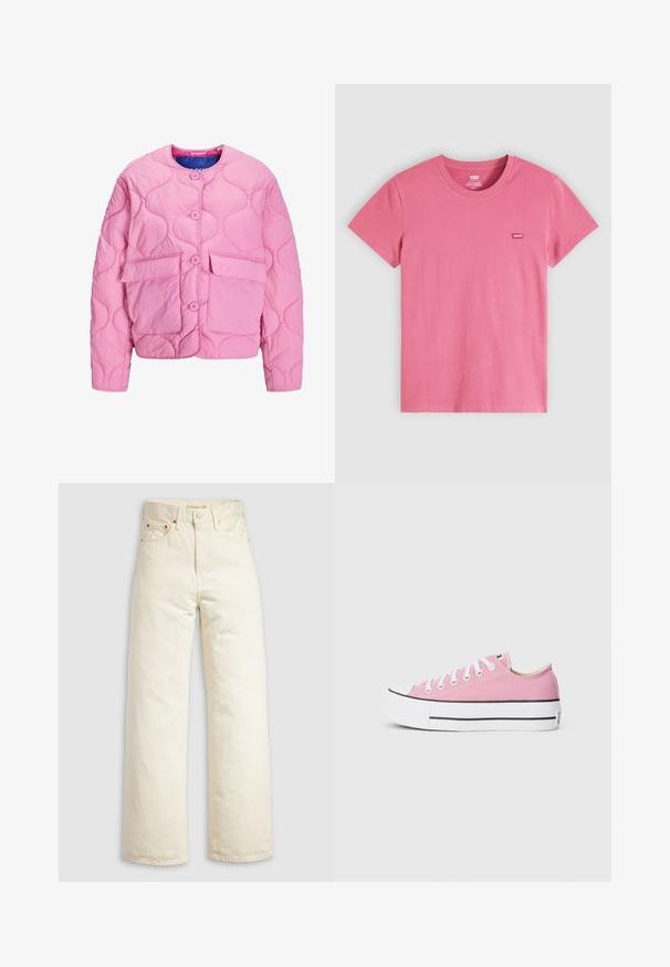 Rosa gesteppte Jacke mit rundem Halsausschnitt, vorderen Knöpfen, zwei großen Taschen und einer glatten Textur. Verfügt über kreisförmige Stickmuster.; Pinkes Levi's T-Shirt mit kurzen Ärmeln, Rundhalsausschnitt und kleinem Levi's-Logo auf der linken Brust, dargestellt auf hellem einfarbigem Hintergrund.; Jeans mit weitem Bein aus offweißem Denim, mit hohem Bund, kupferfarbenen Nieten und klassischem Fünf-Taschen-Design. Strukturierter Stoff mit sauberen Säumen.; Rosa Leinenschuhe mit klassischem Niedrigprofil, weißer Gummi-Zehenkappe und schwarzen Akzentstreifen an der Sohle. Flache weiße Schnürsenkel.
