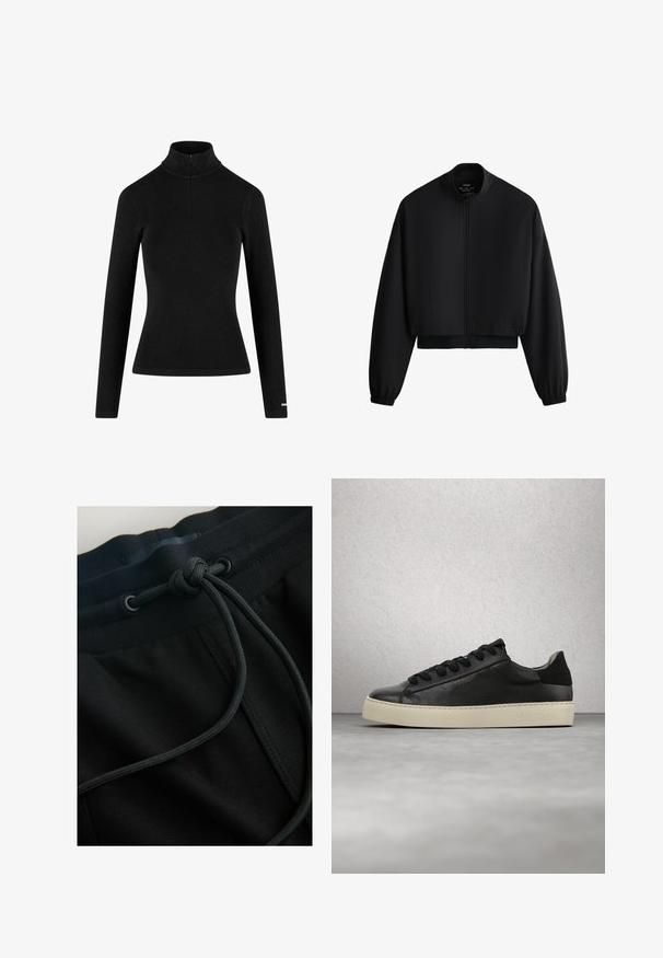 Sort kort jakke med lange ærmer, frontlynlås, stående krave samt elastiske manchetter og kant mod en hvid baggrund.; Sort ribbet langærmet turtleneck med en lynlås i kraven og tætsiddende silhuet, lavet af et blødt, strækbart stof. Minimalistisk design.; Sorte joggerbukser med snøre i taljen og tekstureret stof, med fokus på glatte linjer og et minimalistisk design.; Sorte lædersneakers med rund tå, snørebånd foran og tyk cremefarvet gummisål. Har præget mærkedetalje på siden.
