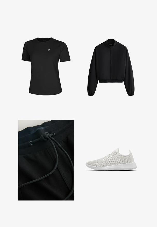 Schwarze, kurz geschnittene Jacke mit langen Ärmeln, Frontreißverschluss, Stehkragen sowie elastischen Bündchen und Saum vor weißem Hintergrund.; Schwarzes Sport-T-Shirt aus glattem Material, mit Rundhalsausschnitt und kurzen Ärmeln. Es verfügt über ein reflektierendes Logo auf der linken Vorderseite.; Schwarze Jogginghosen mit Kordelzugbund und strukturiertem Stoff, wobei der Fokus auf glatten Linien und minimalistischer Gestaltung liegt.; Allbirds TREE RUNNERS - Sneaker low - kaikoura white (white sole)