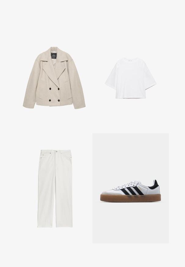 Beige dubbelgeknoopt wollen jas met brede revers, twee rijen zwarte knopen en frontale zakken met een schuine opening, plat neergelegd op een witte achtergrond.; Wit, kort mouw, boxy t-shirt gemaakt van zacht katoen. Heeft een ronde hals en brede mouwen, met een strak, eenvoudig ontwerp.; Witte denim jeans met een rechte pijpdesign, voorzien van voorkruiden en metalen knoopaccenten. Gladde textuur met minimale stikdetails.; Witte leren sneakers met zwarte strepen, gumrubberen buitenzool, ronde neus, vetersluiting en een zachte grijze suède neuskap.