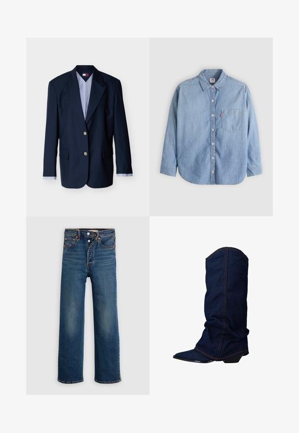 Marineblauwe, enkelrijige blazer met twee zilveren knopen, inkeping revers, klepzakken en gestreepte overhemdmanchetten zichtbaar aan de mouwen.; Lichtblauw denimoverhemd met een button-down kraag, borstzakje en lange mouwen. Heeft een afgeronde zoom en een subtiele textuur.; Donkerblauwe spijkerbroek met een losse pasvorm. Voorzien van vijf zakken, knoopsluiting en subtiele vervaging op de dijen.; sacha Laarzen - blue