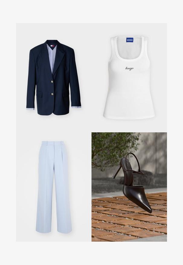 Blazer azul marino de un solo botón cruzado con dos botones plateados, solapas con muesca, bolsillos con solapa y puños de camisa a rayas visibles en las mangas.; Camiseta sin mangas blanca con cuello redondo, "hugo" bordado en negro en el centro del pecho y etiqueta azul de HUGO dentro del cuello.; Pantalones de pierna ancha en azul claro con una cintura alta, que presentan pliegues en la parte delantera, confeccionados en una tela suave y tejida. Sin herrajes visibles.; Zueco negro brillante de tacón alto con puntera puntiaguda y correa en el tobillo, suspendido sobre una superficie de baldosas de terracota con espacios de grava.