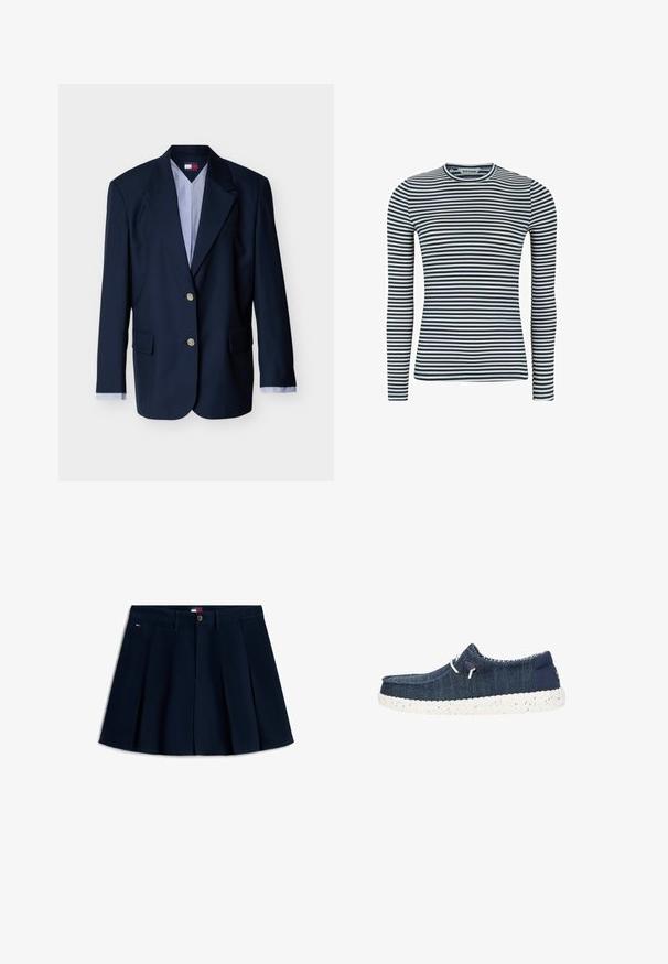 Marineblauer einreihiger Blazer mit zwei silbernen Knöpfen, Notch-Revers, Pattentaschen und gestreiften Hemdmanschetten, die an den Ärmeln sichtbar sind.; Langärmliges Oberteil in Marineblau und weißen Streifen, aus geripptem Stoff mit runder Halslinie. Enganliegendes Design mit durchgehenden Streifen.; Marineblaue, plissierte Minirock mit Frontknöpfen und Reißverschluss, Gürtelschlaufen, Seitentaschen und kleinem Logo an der linken Hüfte.; Marineblaue Freizeit Schuhe aus strukturiertem Stoff, mit einer weiß gepunkteten Sohle, abgerundeter Zehenform und elastischen Schnürsenkeln für einfaches Anziehen.
