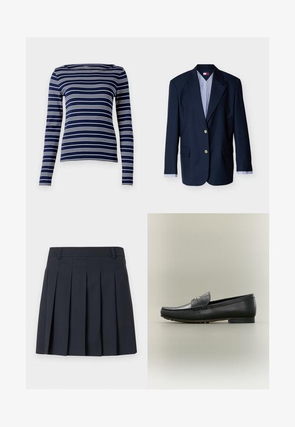 Marineblauwe, enkelrijige blazer met twee zilveren knopen, inkeping revers, klepzakken en gestreepte overhemdmanchetten zichtbaar aan de mouwen.; Navy lange mouw top met witte horizontale strepen, bootkraag en zachte, rekbare stof. Eenvoudig, getailleerd design, minimale details.; Donkerblauwe geplooide rok met een platte tailleband, gemaakt van gladde stof. Heeft meerdere verticale plooien en een getailleerd ontwerp.; Zwarte leren loafer met mocassinnaad, lage hak en goudkleurig metalen detail op het bandje, getoond in profiel op een beige achtergrond.