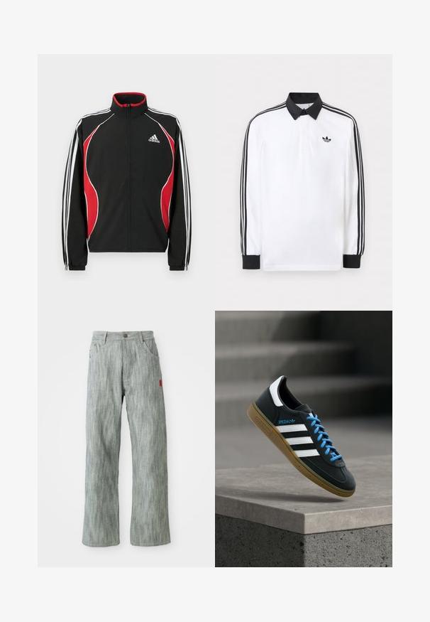Sort trackjakke med røde og hvide accenter, lynlåslukning foran, høj krave og elastiske manchetter; har tre hvide striber ned ad ærmerne.; Hvid langærmet polo med sort krave, sorte manchetter, sort tre-stribet design på ærmerne og sort Adidas-logo på brystet.; Lys grå lige ben jeans med for- og baglommer, knaplukning og et lille rødt stofmærke på højre side.; Sort Adidas sneaker med hvide striber, blå snørebånd og gummisål, der svæver over gråt betontrin i blødt lys.