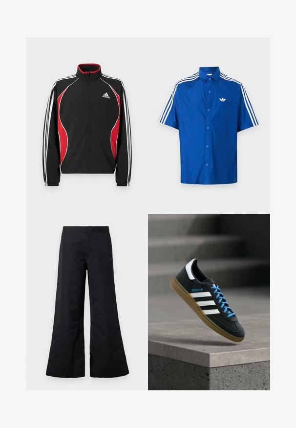 Schwarze Trainingsjacke mit roten und weißen Akzenten, Reißverschluss vorne, hohem Kragen und elastischen Bündchen; verfügt über drei weiße Streifen entlang der Ärmel.; Blaues kurzärmliges Hemd mit Knopfleiste, weißem Adidas-Logo auf der Brust und drei weißen Streifen entlang der Schultern und Ärmel.; Schwarze weite Hosen aus glattem Stoff, mit vorderen Falten und einem Bund. Sauberes Design ohne sichtbare Muster oder Akzente.; Schwarzer Adidas-Sneaker mit weißen Streifen, blauen Schnürsenkeln und Gummisohle, der über einer grauen Betontreppe im weichen Licht schwebt.