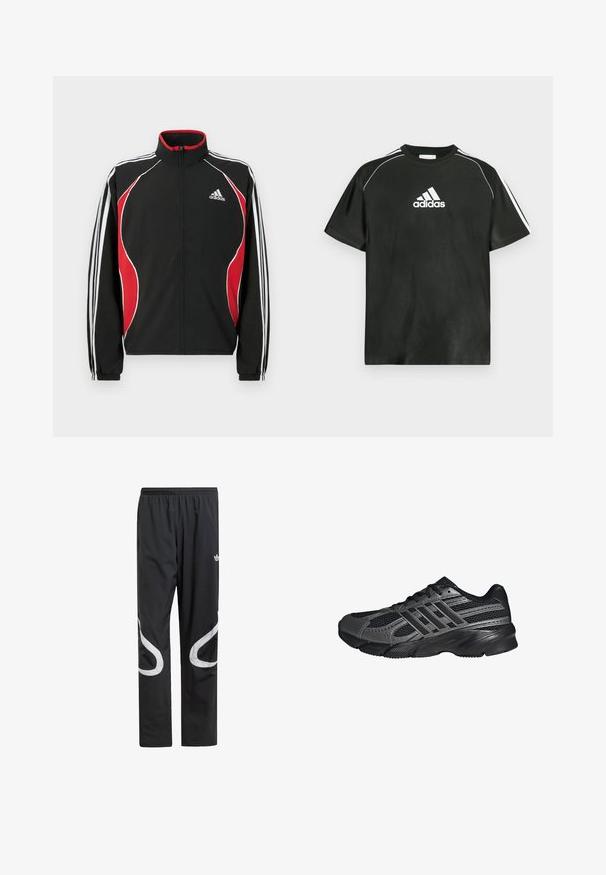 Sort trackjakke med røde og hvide accenter, lynlåslukning foran, høj krave og elastiske manchetter; har tre hvide striber ned ad ærmerne.; Sort T-shirt med korte ærmer, hvide Adidas-logo på brystet og hvide striber på skuldrene. Fremstillet af glat stof, afslappet pasform.; Sorte træningsbukser med elastisk talje, der har store hvide buede detaljer på siderne og et lille logo på den øverste lår.; Sorte træningssko lavet af mesh og syntetiske materialer, med en tekstureret overflade, flere grå striber og en polstret krave.