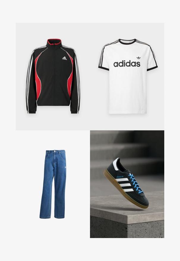 Sort trackjakke med røde og hvide accenter, lynlåslukning foran, høj krave og elastiske manchetter; har tre hvide striber ned ad ærmerne.; Hvid bomulds t-shirt med sort rund hals og ærmer. Har sort tre-stripes design på skuldrene og stort sort "adidas" logo på fronten.; Blå højtaljede viddebukser i denim med forlommer, bælteløkker, knaplukning og lille Adidas-logo på højre lår.; Sort Adidas sneaker med hvide striber, blå snørebånd og gummisål, der svæver over gråt betontrin i blødt lys.