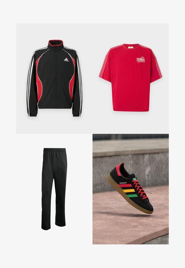 Sort trackjakke med røde og hvide accenter, lynlåslukning foran, høj krave og elastiske manchetter; har tre hvide striber ned ad ærmerne.; Rød Adidas T-shirt med korte ærmer, hvidt logo og fodboldgrafik på venstre bryst samt tre hvide striber ned ad hvert ærme.; Sorte træningsbukser med en komfortabel elastisk livline, to sidelommer og et glat, let stof. Har diskrete logo detaljer.; Sort Adidas Spezial-sneaker med røde, gule og grønne striber, røde snørebånd, gummisål og rødt hældetalje, vist svævende over fortovet.