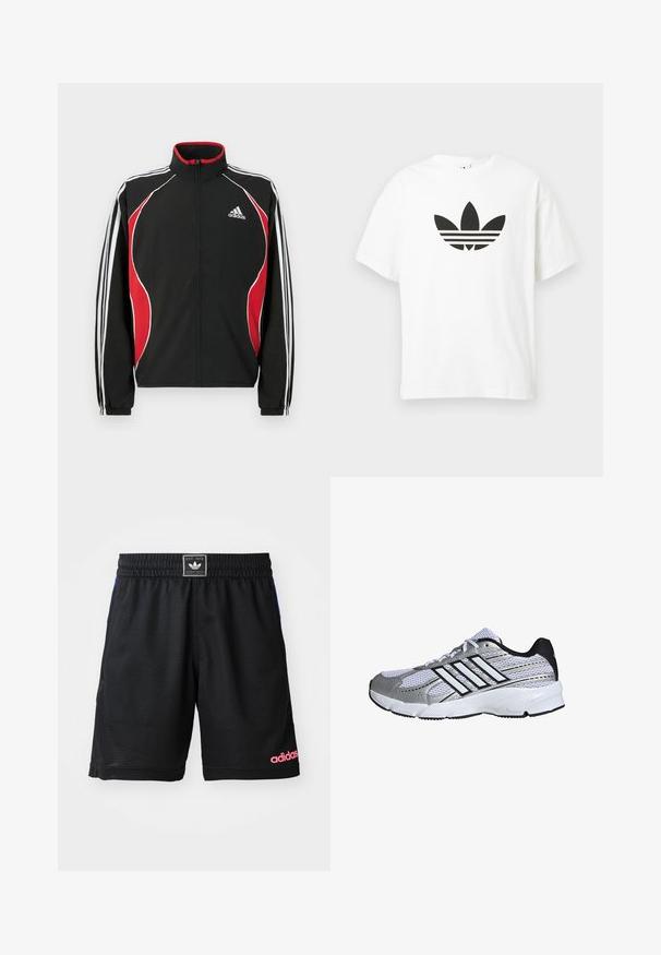 Schwarze Trainingsjacke mit roten und weißen Akzenten, Reißverschluss vorne, hohem Kragen und elastischen Bündchen; verfügt über drei weiße Streifen entlang der Ärmel.; Weißes Baumwoll-T-Shirt mit großem schwarzem Adidas Trefoil-Logo und drei horizontalen Streifen darunter. Kurze Ärmel, Rundhalsausschnitt.; Schwarze Sportshorts aus strukturiertem, atmungsaktivem Material. Mit einem elastischen Bund und einem pinken "adidas"-Logo auf der unteren rechten Seite.; Mesh-Sportschuh in Weiß und Silber mit schwarzen Akzenten, drei weißen Streifen als Logo, gepolstertem Kragen und strukturiertem Gummisohle.