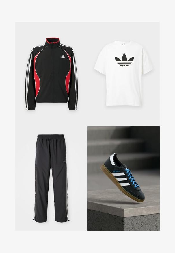 Sort trackjakke med røde og hvide accenter, lynlåslukning foran, høj krave og elastiske manchetter; har tre hvide striber ned ad ærmerne.; Hvid bomulds t-shirt med et stort sort Adidas trefoil-logo og tre vandrette striber nedenunder. Korte ærmer, rund halsudskæring.; Sorte atletiske bukser lavet af letvægtsstof, med hvide sidelister, elastisk talje og justerbare ankelmanchetter.; Sort Adidas sneaker med hvide striber, blå snørebånd og gummisål, der svæver over gråt betontrin i blødt lys.