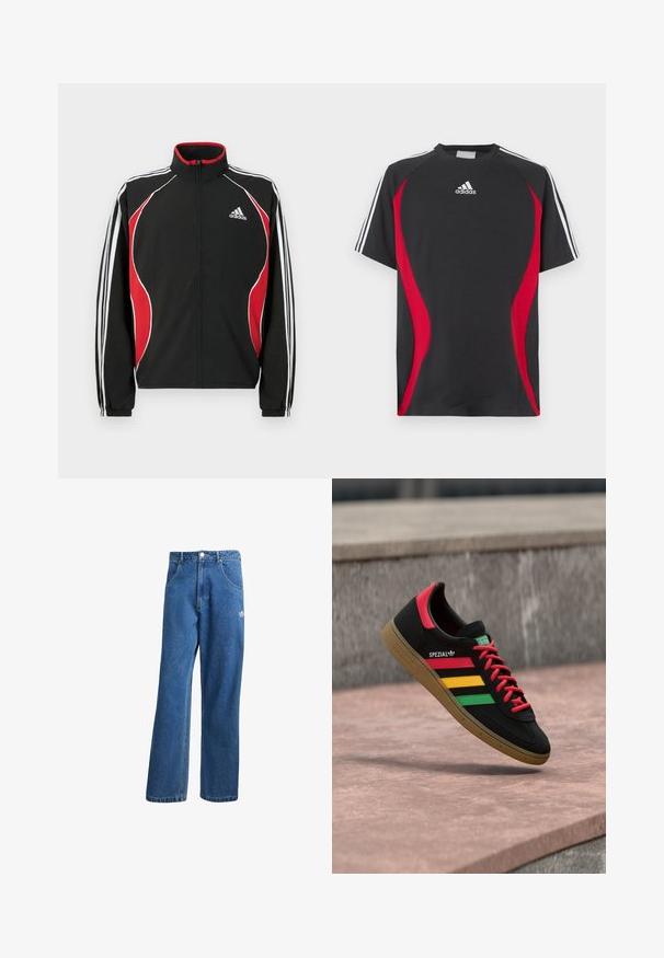 Schwarze Trainingsjacke mit roten und weißen Akzenten, Reißverschluss vorne, hohem Kragen und elastischen Bündchen; verfügt über drei weiße Streifen entlang der Ärmel.; Schwarzes kurzärmeliges T-Shirt mit roten Seiteneinsätzen, weißem Adidas-Logo auf der Brust und weißen Schulterstreifen. Hergestellt aus einem glatten Stoff.; Blaue hohe, weite Jeans mit Fronttaschen, Gürtelschlaufen, Knopfverschluss und kleinem Adidas-Logo am rechten Oberschenkel.; Schwarzer Adidas Spezial Sneaker mit roten, gelben und grünen Streifen, roten Schnürsenkeln, Gummisohle und rotem Fersen-Detail, schwebend über dem Pflaster gezeigt.