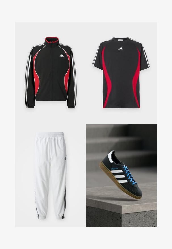 Zwart trainingsjack met rode en witte accenten, ritssluiting aan de voorkant, hoge kraag en elastische manchetten; voorzien van drie witte strepen langs de mouwen.; Zwart T-shirt met korte mouwen, rode accenten aan de zijkanten, wit Adidas-logo op de borst en witte strepen op de schouders. Gemaakt van een gladde stof.; Witte sportbroek met zwarte zijstrepen, elastische tailleband en boorden; heeft het Adidas-logo op de linkerdij. Glad stoffen structuur.; Zwarte Adidas-sneaker met witte strepen, blauwe veters en een gumzool die boven een grijze betonnen trede zweeft in zacht licht.