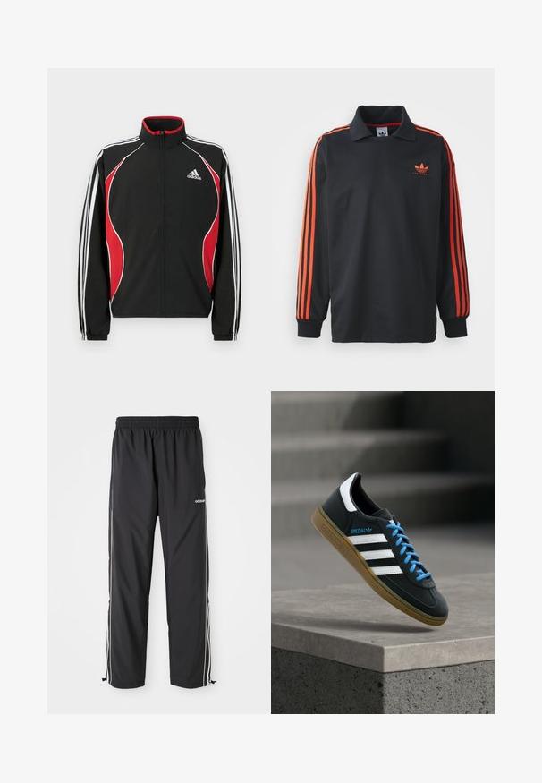 Schwarze Trainingsjacke mit roten und weißen Akzenten, Reißverschluss vorne, hohem Kragen und elastischen Bündchen; verfügt über drei weiße Streifen entlang der Ärmel.; Schwarzes Langarm-Polo mit Kragen, das rote Streifen an den Ärmeln und ein kleines rotes Logo auf der Brust trägt. Glatte Stoffstruktur.; Schwarze Sporthose aus leichtem Material, mit weißen Seitenstreifen, einem elastischen Bund und verstellbaren Knöchelbündchen.; Schwarzer Adidas-Sneaker mit weißen Streifen, blauen Schnürsenkeln und Gummisohle, der über einer grauen Betontreppe im weichen Licht schwebt.